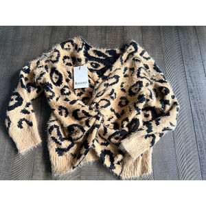 &merci Leopard Print Twist Front Sweater Tan Black Long Sleeve Fuzzy Knit LG